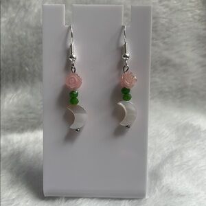 Pink and Green Beaded Crescent Earrings